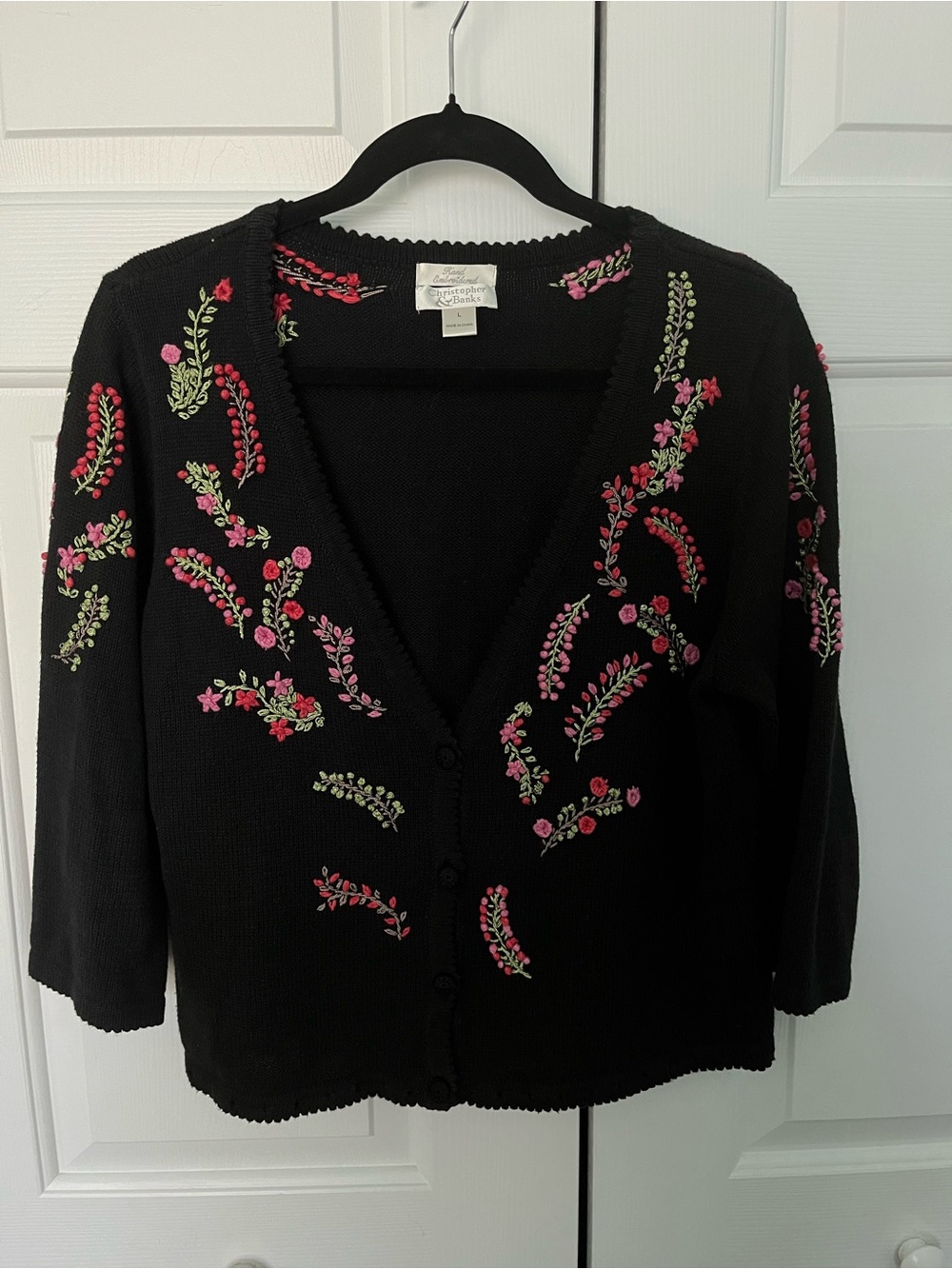 Y2K Vintage Hand Embroidered Floral Black Cardigan Large
